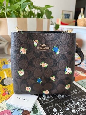 Coach Brown Signature Floral Mini Crossbody with Gold Hardware